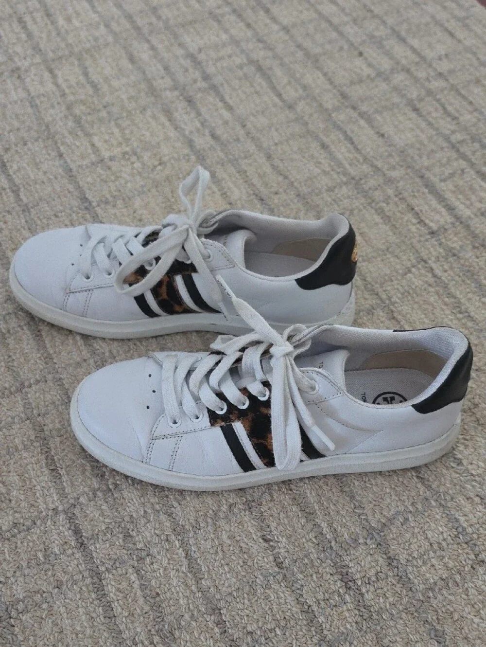 Tory Burch White Leather Sneakers with Leopard Print and Black Trim